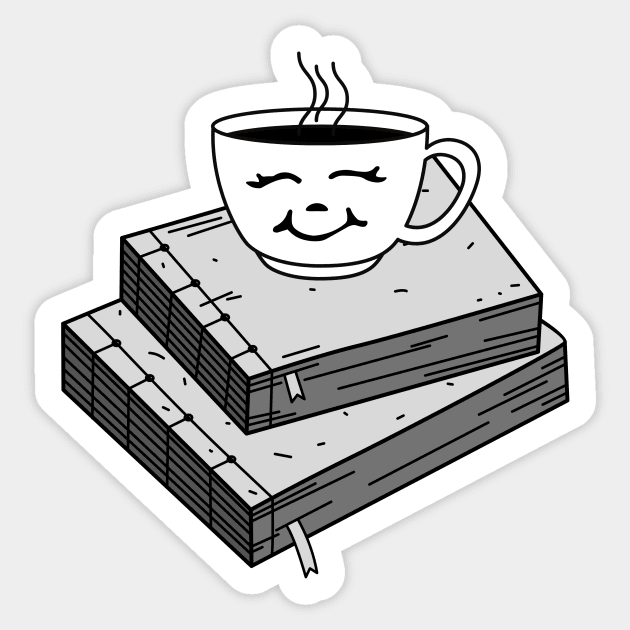 Cute Black and White Coffee Sitting on Books Sticker by A.P.